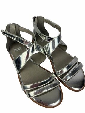 Eileen Fisher Cici Metallic Silver Leather Strappy Sandals Size 6
